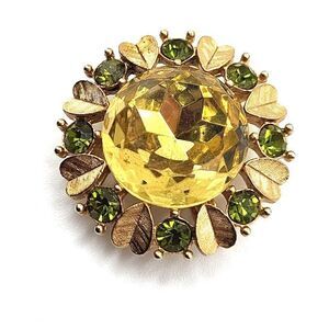 Avon Sun Brilliants Citrine Heart Green Gold Tone Round Brooch Pin Pendan 1in